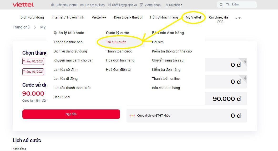 Kiểm tra gói cước Viettel đang sử dụng trên website